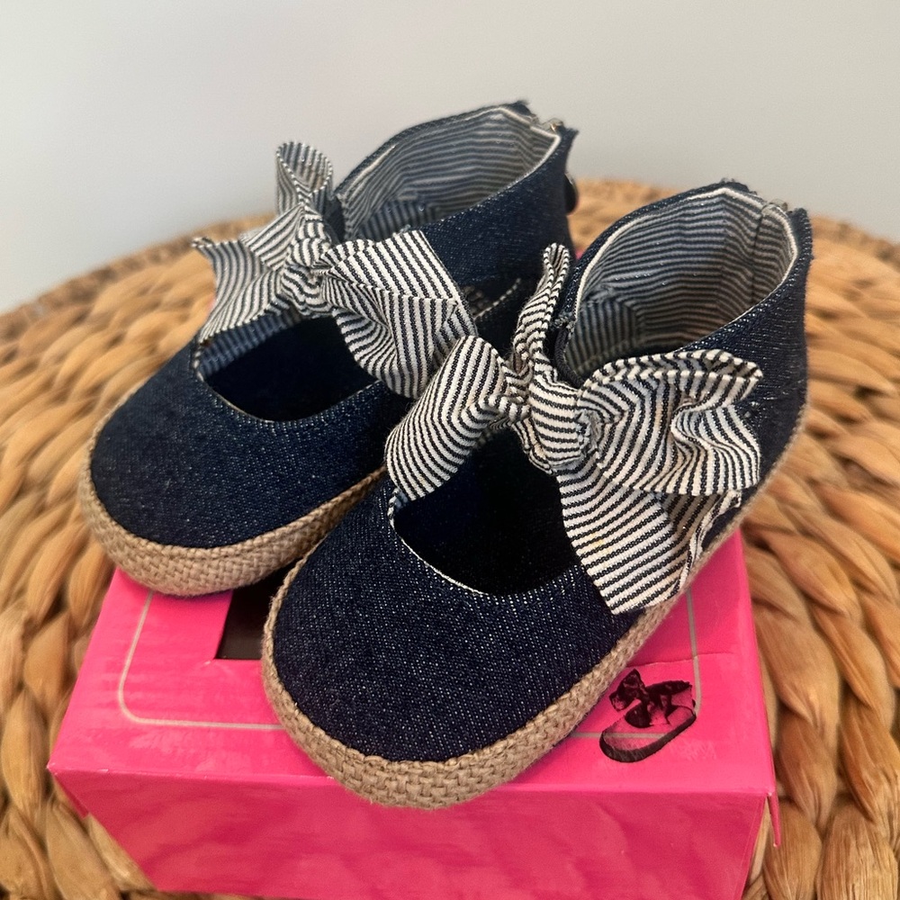 NWT sz 4 Stuart Weitzman Baby Nan Denim baby girl shoes bow zip back raffia